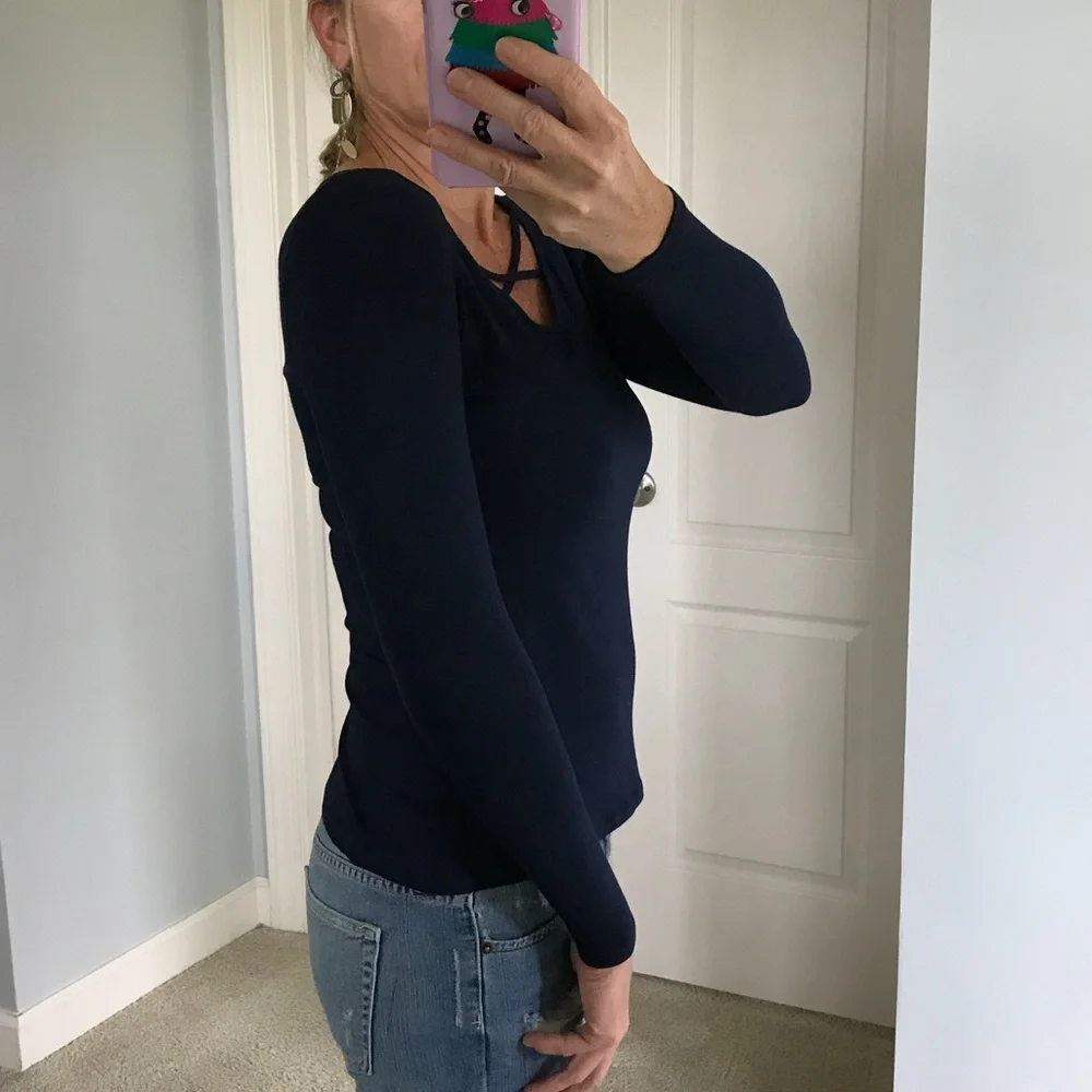 Navy Long Sleeve Criss Cross Neck Top - Picture 4 of 4